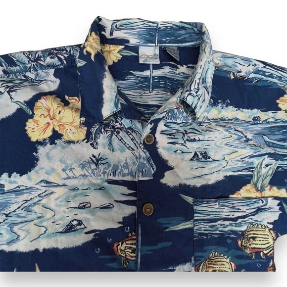 VTG OP Sport Mens Large Hawaiian Button Shirt Fish Floral Boat Surf - Picture 2 of 4